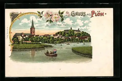 Lithographie Plön, Ortsansicht mit kleinem Plöner See