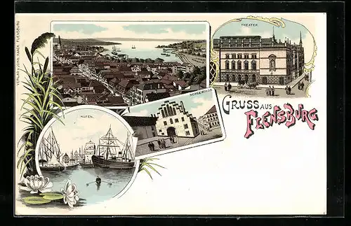 Lithographie Flensburg, Theater, Hafen, Nordertor