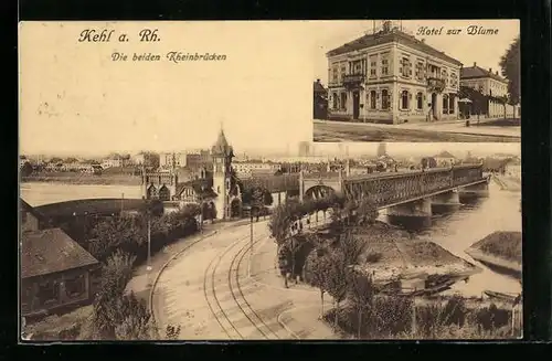 AK Kehl /Rhein, Hotel zur Blume, Rheinbrücken aus der Vogelschau