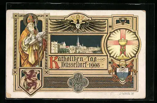Künstler-AK Düsseldorf, Katholiken-Tag 1908, Papst Pius X, Wappen