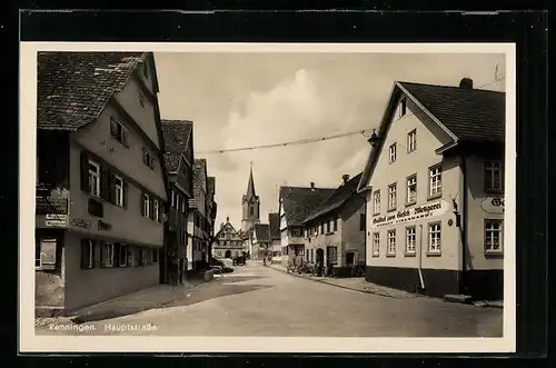 AK Renningen, Hauptstrasse mit Gasthof zum Hirsch und Kirche