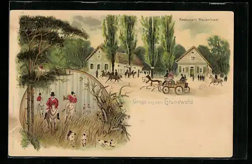 Lithographie Grunewald, Restaurant Pfaueninsel, Jäger mit Hunden