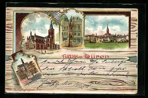 Lithographie Düren, St. Anna-Kirche, Mariensäule, Annasäule