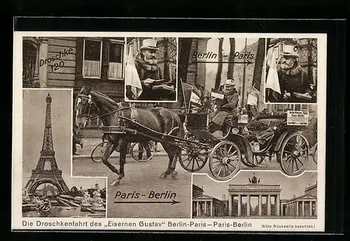 AK Berlin, Droschkenfahrt des Eisernen Gustav Berlin-Paris-Paris-Berlin