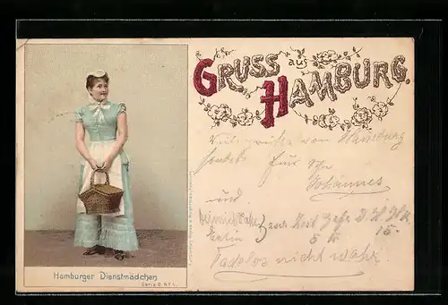 Lithographie Hamburg, Hamburger Dienstmädchen mit Einkaufskorb