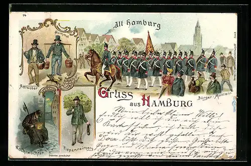 Lithographie Hamburg, Hummel und Aalweber, Nachtwächter, Piepenreimers und Bürger-Militär