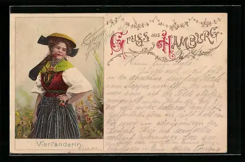 AK Hamburg, Vierländerin in Tracht mit Strohhut