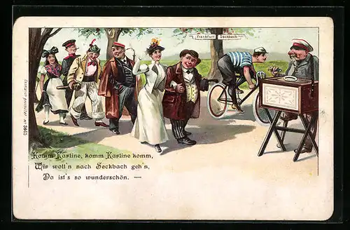 Lithographie Paar begegnet beim Spaziergang nach Seckbach einem Leierkastenmann