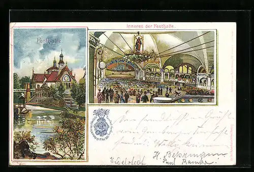 Lithographie Hamburg, 9. Deutsches Turnfest 1898, Festhalle, Festpostkarte