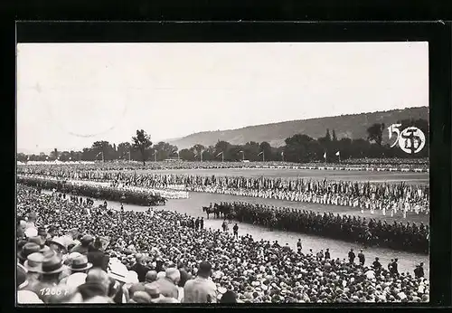 AK Stuttgart, Deutsches Turnfest 1933, Stadiongelände mit Publikum, Sportlern und Militär