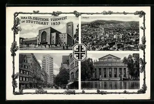 AK Stuttgart, Das 15. Deutsche Turnfest 1933, Staatstheater, Tagblatt Turmhaus