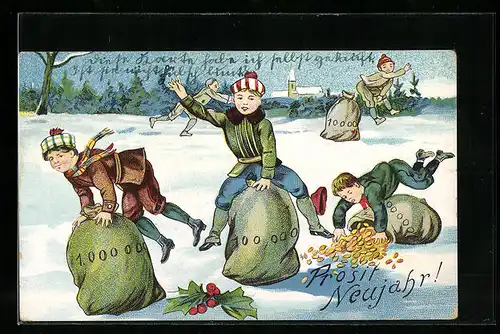 AK Kinder spielen mit Säcken voller Geld im Schnee, Prosit Neujahr
