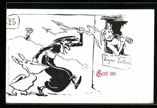 Künstler-AK Bozen, Geistlicher wirft Blitze auf den Redakteur der Bozener Zeitung