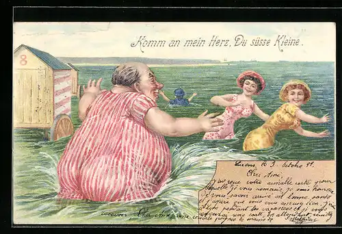 Lithographie Komm an mein Herz, Du süsse Kleine, dicker Mann am Badestrand, Scherz