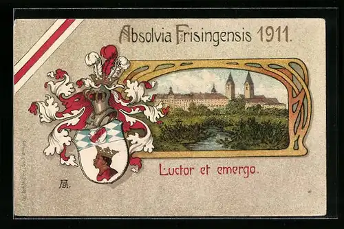 Passepartout-AK Freising, Teilansicht vom Ortsrand aus, Absolvia Frisingensis 1911, Luctor et emergo