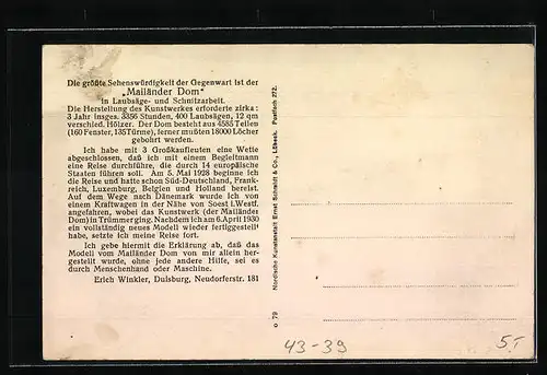 AK Laubsäge- und Schnitzarbeit Mailänder Dom des Modellbauers Erich Winkler