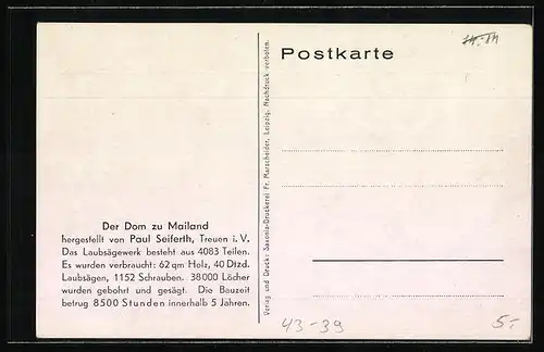 AK Mailänder Dom, Laubsägewerk aus 4083 Teilen, Modellbau