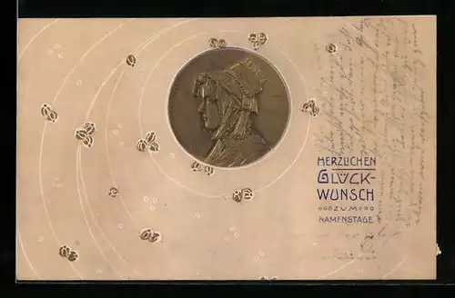 Präge-AK Portrait einer Frau mit Hut, Glückwunsch zum Namenstag, Jugendstil