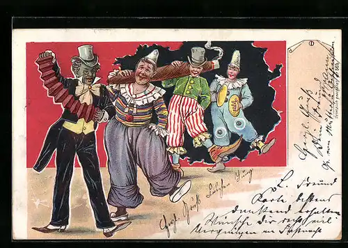 Lithographie Faschingsschwank mit Musikanten und Harlekinen, Zigarre, Ziehharmonika