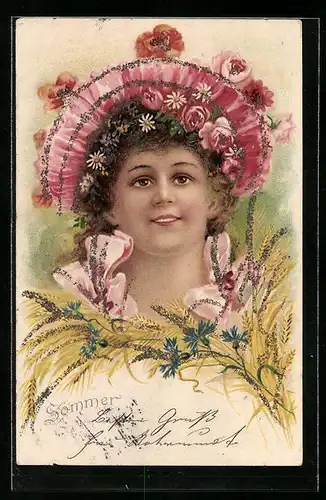 Lithographie Porträt einer reizenden jungen Dame mit Hut, Kornblumen, Mohnblume, Ähren