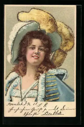 Lithographie Dame mit grossem Federhut, Jugendstil