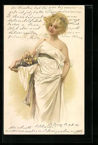 AK Frau im weissen Kleid mit Blumenkorb, Jugendstil