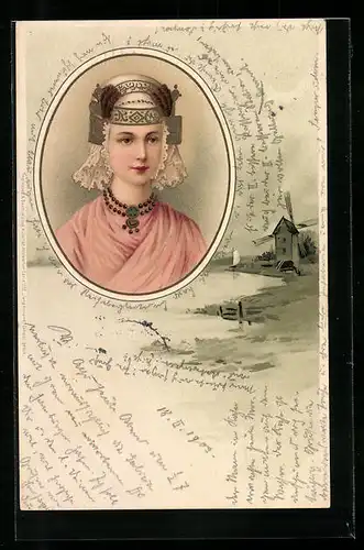Lithographie Jung Holland, Frauenkopf mit historischer Haube