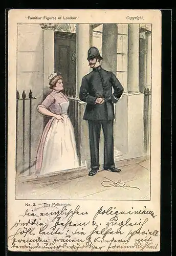 Künstler-AK The London Policeman, britischer Polizist im Gespräch mit einer Hausdame