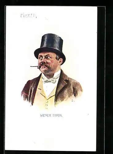 Künstler-AK Wiener Typen, Gestandener Fiaker mit Zylinderhut