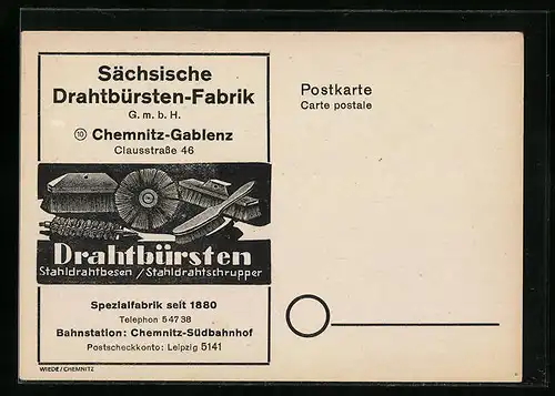 AK Chemnitz-Gablenz, Sächsische Drahtbürsten-Fabrik GmbH, Clausstrasse 46, Reklame