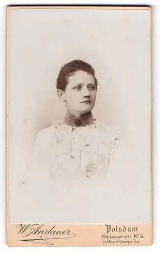 Fotografie Wilhelm Andauer, Potsdam, Alte Louisenstr. 6, Junge Dame im Kleid mit Kragenbrosche
