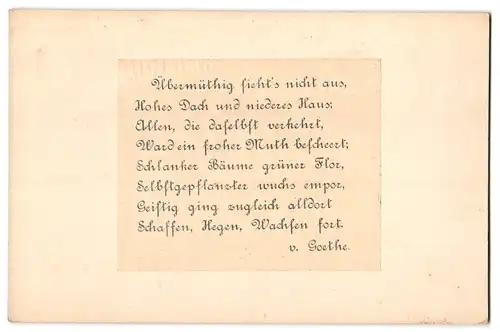 Fotografie unbekannter Fotograf, Ansicht Weimar, Blick auf Goethes Blumenhaus, 1896, Rückseite Gedicht von Goethe