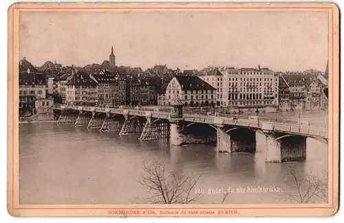 Fotografie Schroeder & Cie., Zürich, Ansicht Basel, Blick über die alte Rheinbrücke nach der Stadt