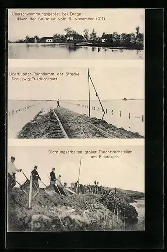 AK Drage, Sturmflut 1911, Überschwemmungsgebiet, Überfluteter Bahndamm der Strecke Schleswig-Friedrichstadt