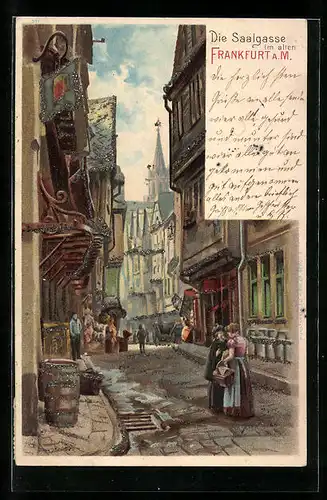 Lithographie Alt-Frankfurt, Die alte Saalgasse mit Glitzerperlen