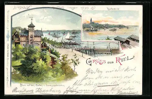 Lithographie Kiel, Blick auf den Hafen u. Landungsbrücken, Dampfer