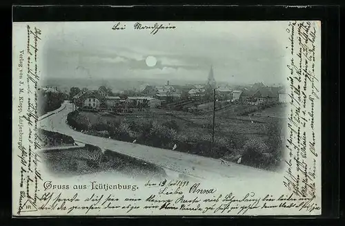 Mondschein-AK Lütjenburg, Ortsansicht mit Landstrasse