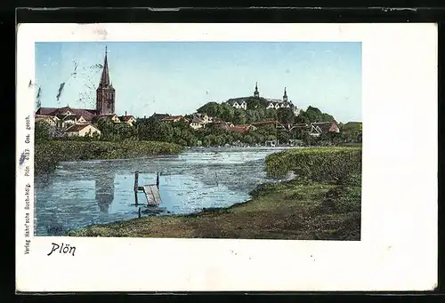 Goldfenster-AK Plön, Ortsansicht hinter Wasser, mit leuchtenden Fenstern