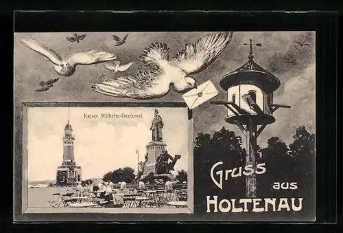 Passepartout-AK Holtenau, Kaiser Wilhelm-Denkmal und Leuchtturm, Tauben mit Brief