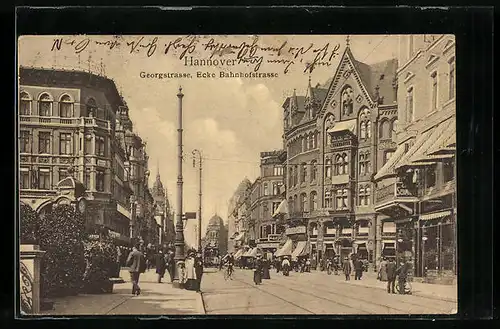 AK Hannover, Georgstrasse, Ecke Bahnhofstrasse mit Passanten