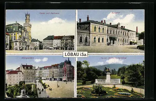 AK Löbau i. Sa., Markt mit Rathaus, Bahnhof und Königsplatz