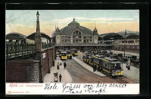 AK Halle a. S., Hauptbahnhof mit Strassenbahnen und Droschken aus der Vogelschau