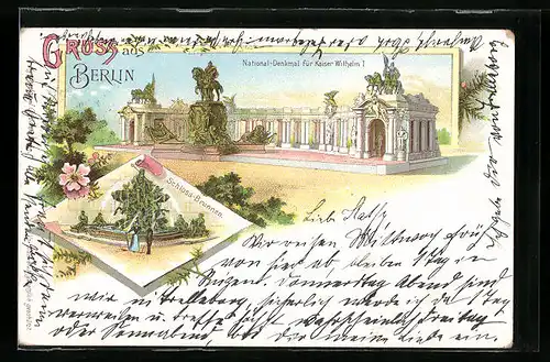 Lithographie Berlin, National-Denkmal für Kaiser Wilhelm I., Schloss-Brunnen
