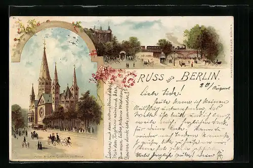 Lithographie Berlin-Charlottenburg, Kaiser Wilhelm-Gedächtniskirche, Bahnhof