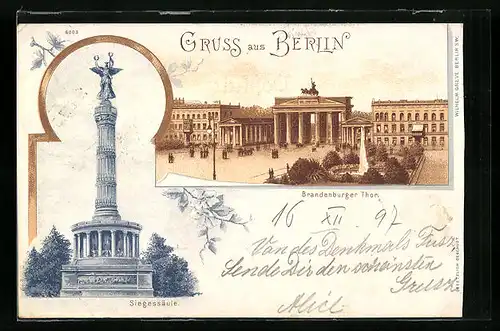 Lithographie Berlin, Brandenburger Tor und Siegessäule