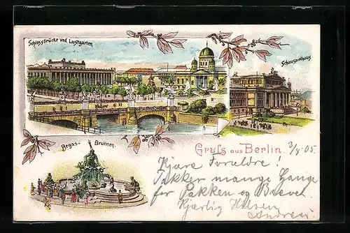 Lithographie Berlin, Schlossbrücke mit Lustgarten, Schauspielhaus, Begas-Brunnen
