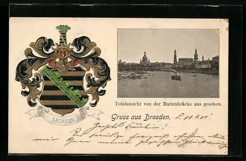 AK Dresden, Totalansicht von der Marienbrücke und Wappen