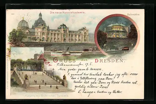 Lithographie Dresden, Kunstakademie, Belvedere bei Nacht