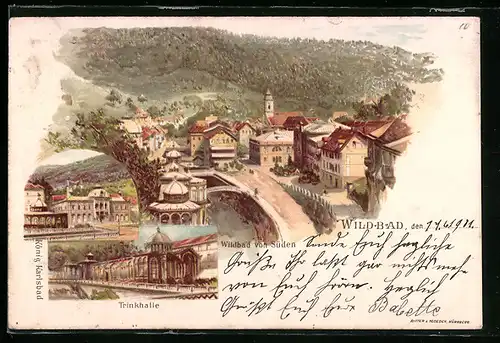 Lithographie Wildbad, Teilansicht mit Strassenpartie von Süden, Trinkhalle, Ortspartie