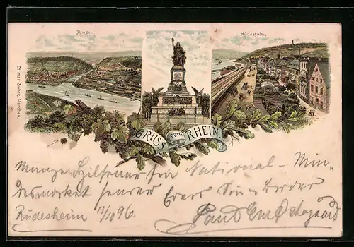 Lithographie Bingen, Gesamtansicht, Rüdesheim